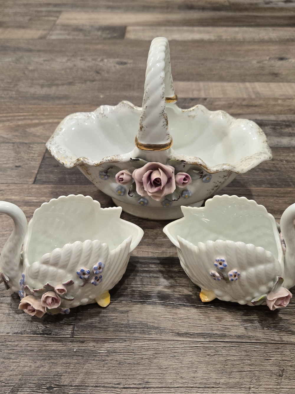 Napco Japan Bone China Porcelain Floral Basket Swan Set in White with Pink Roses